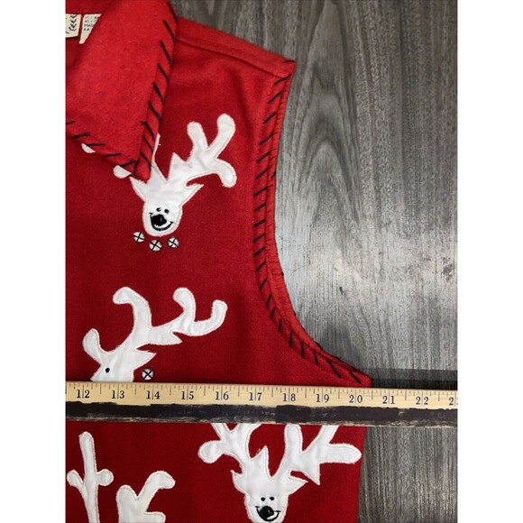 Life Style Red Christmas Vest Reindeer Appliques Full Zip Wool Women's LARGE - Picture 13 of 16